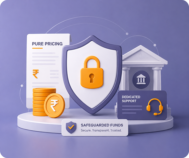 Illustration representing Paysetra's transparent pricing, safeguarded funds, and dedicated support